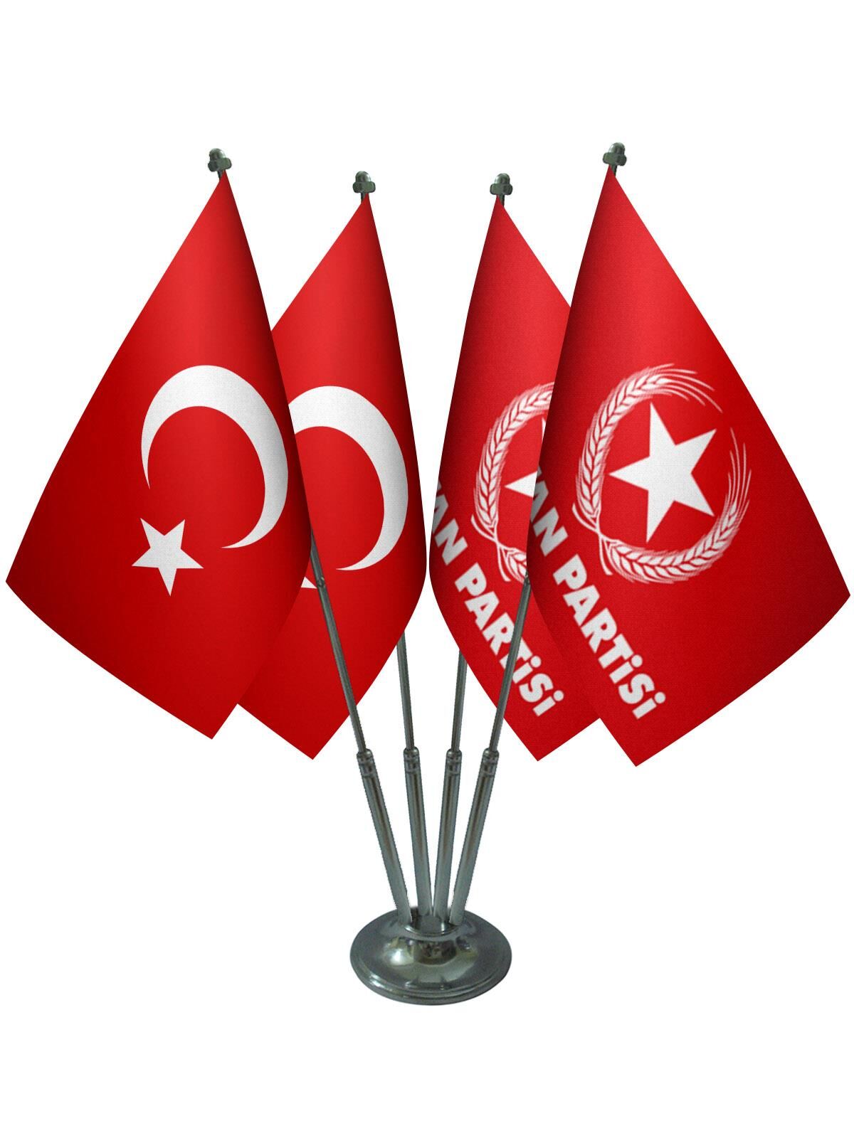 Masa Üstü Vatan Partisi Bayrağı Türk Bayrağı Dörtlü Krom Direk Masa Bayrak Seti