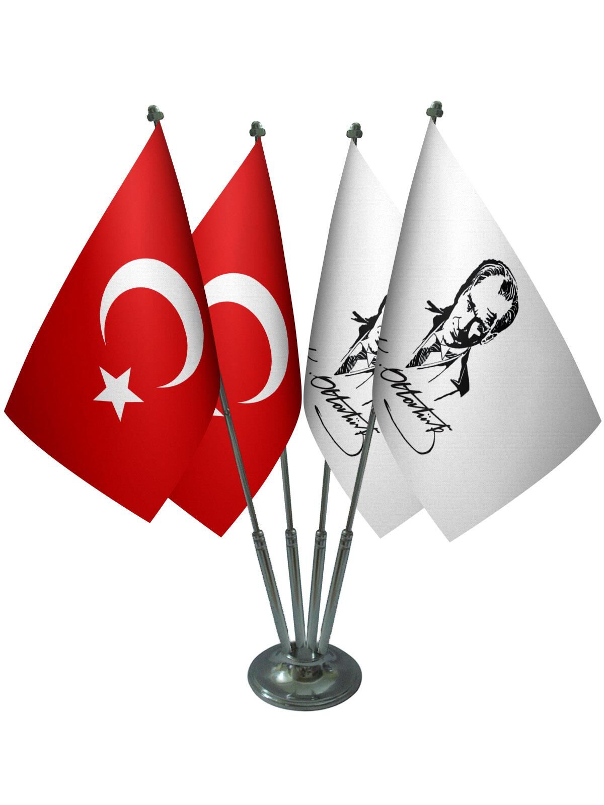 Masa Üstü Atatürk İmzalı Bayrağı Türk Bayrağı Dörtlü Krom Direk Masa Bayrak Seti