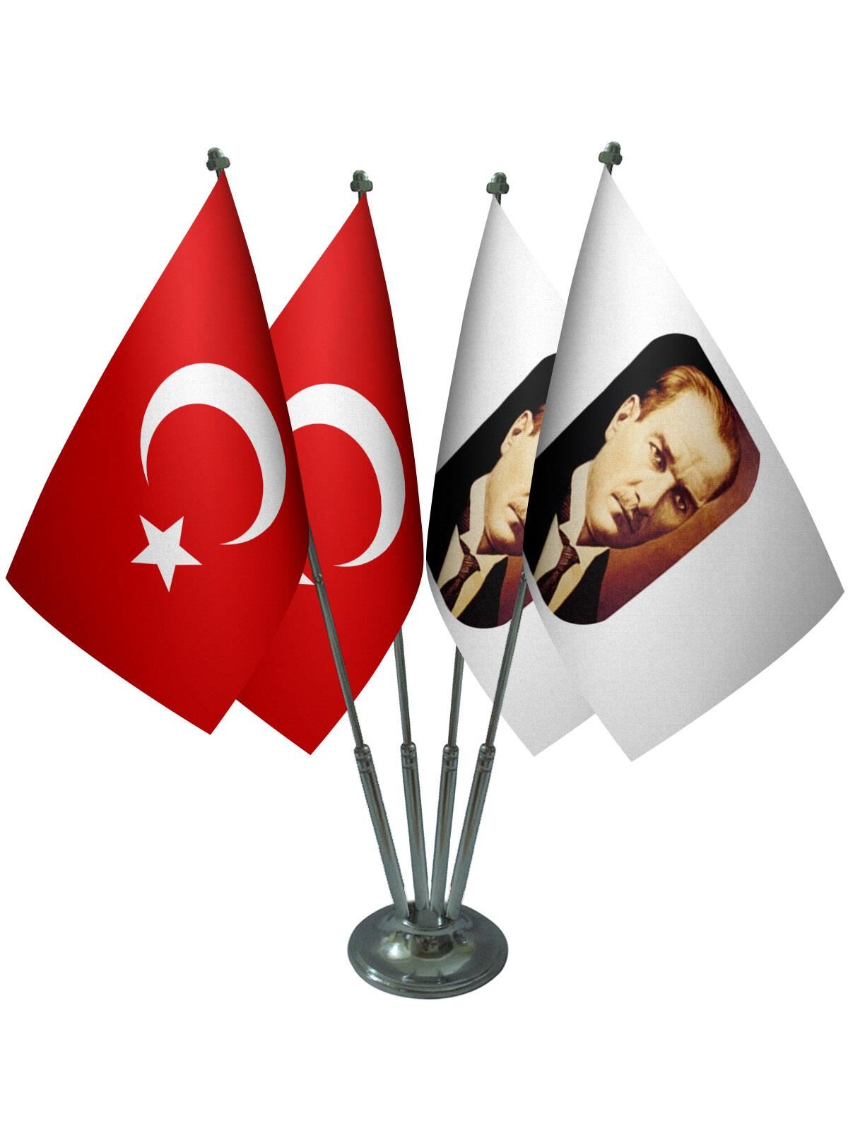 Masa Üstü Atatürk Bayrağı Türk Bayrağı Dörtlü Krom Direk Masa Bayrak Seti