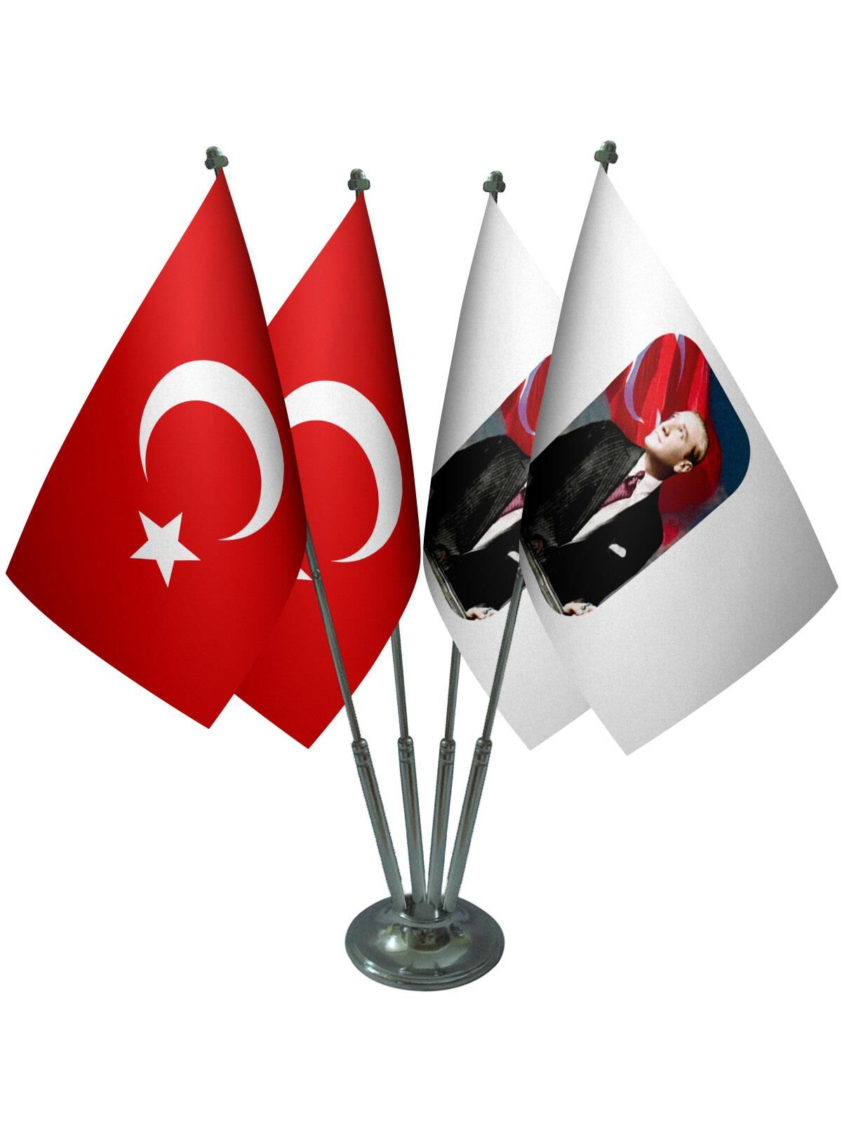 Masa Üstü Atatürk Bayrağı Türk Bayrağı Dörtlü Krom Direk Masa Bayrak Seti