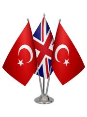 Masa Üstü İngiltere Bayrağı Türk Bayrağı Üçlü Krom Direk Masa Bayrak Seti