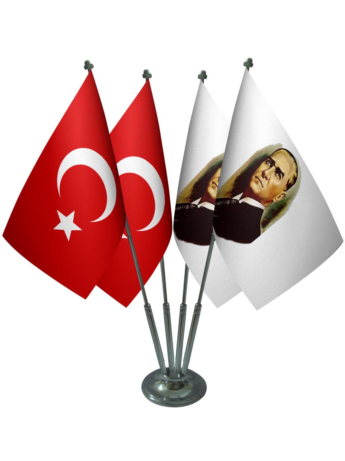 Masa Üstü Atatürk Bayrağı Türk Bayrağı Dörtlü Krom Direk Masa Bayrak Seti