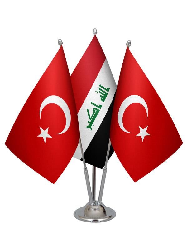 Masa Üstü Irak Bayrağı Türk Bayrağı Üçlü Krom Direk Masa Bayrak Seti