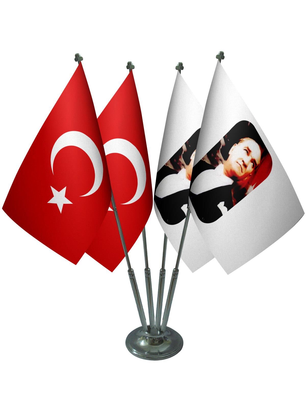 Masa Üstü Atatürk Bayrağı Türk Bayrağı Dörtlü Krom Direk Masa Bayrak Seti