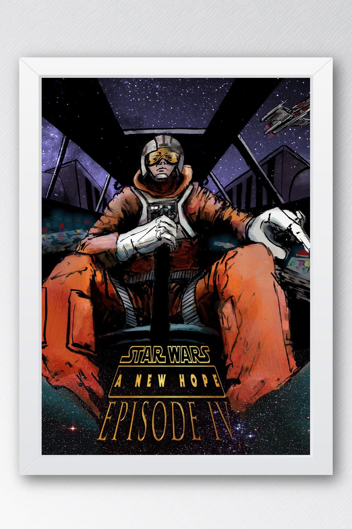Star Wars 4 A New Hope Çerçeveli Tablo - Uzay Savaşları Fim Posteri Tablo 21x30 - Beyaz