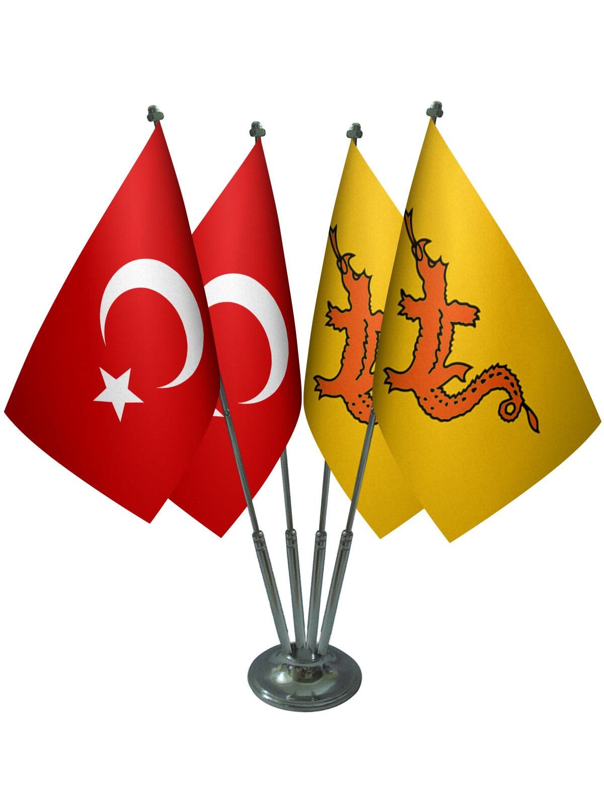 Masa Üstü Büyük Hun İmparatorluğu Bayrağı Türk Bayrağı Dörtlü Krom Direk Masa Bayrak Seti