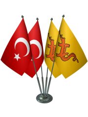 Masa Üstü Büyük Hun İmparatorluğu Bayrağı Türk Bayrağı Dörtlü Krom Direk Masa Bayrak Seti