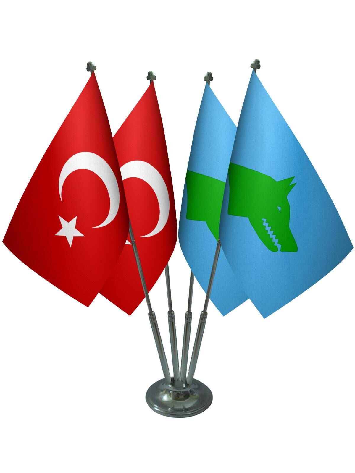 Masa Üstü Göktürk Devleti Bayrağı Türk Bayrağı Dörtlü Krom Direk Masa Bayrak Seti