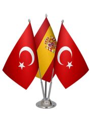 Masa Üstü İspanya Bayrağı Türk Bayrağı Üçlü Krom Direk Masa Bayrak Seti