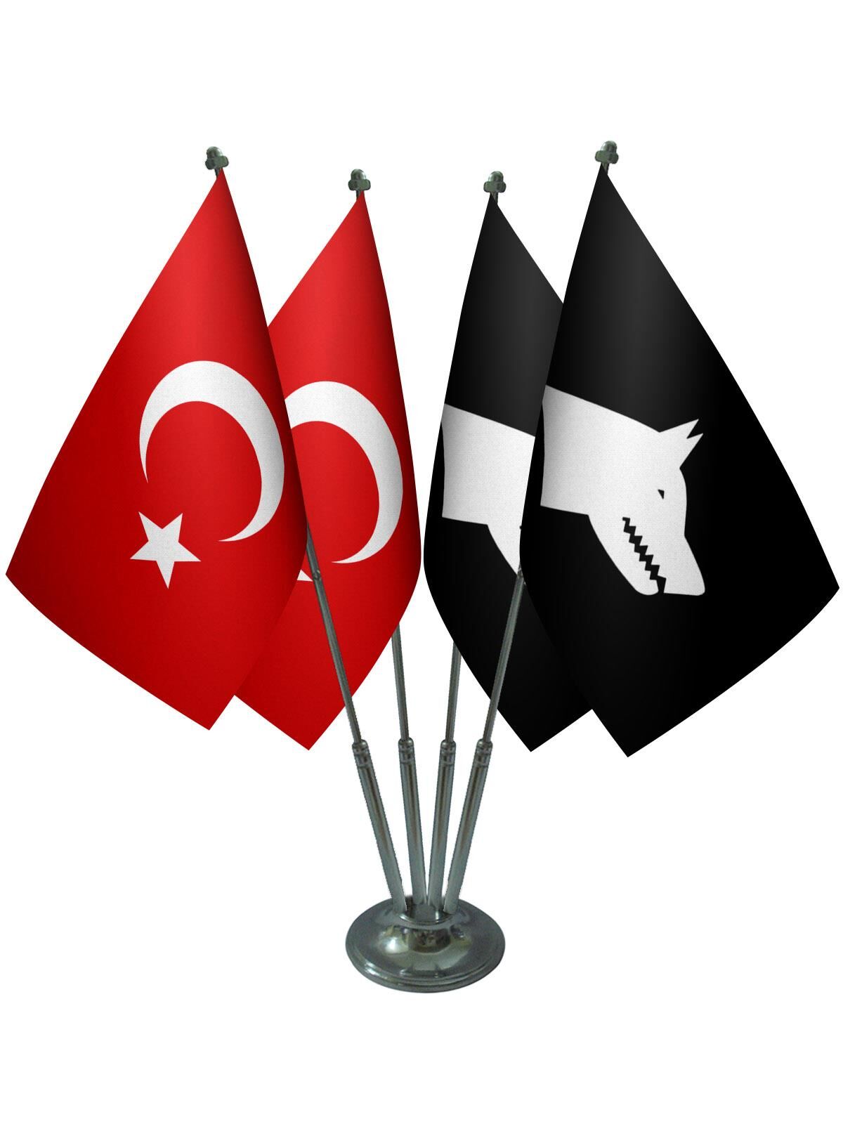 Masa Üstü Siyah Göktürk Bayrağı Türk Bayrağı Dörtlü Krom Direk Masa Bayrak Seti