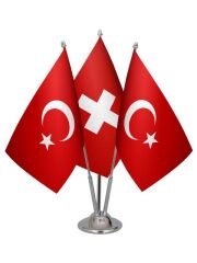 Masa Üstü İsviçre Bayrağı Türk Bayrağı Üçlü Krom Direk Masa Bayrak Seti