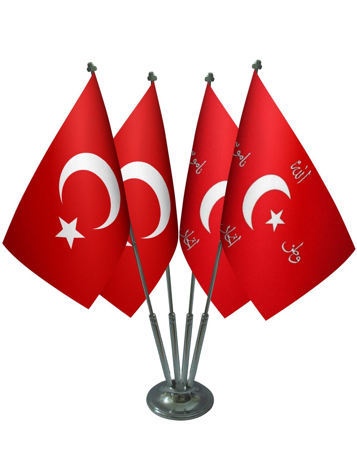 Masa Üstü İttihat ve Terakki Sancağı Türk Bayrağı Dörtlü Krom Direk Masa Bayrak Seti