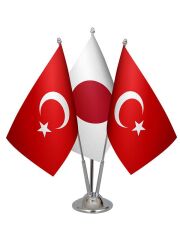 Masa Üstü Japonya Bayrağı Türk Bayrağı Üçlü Krom Direk Masa Bayrak Seti