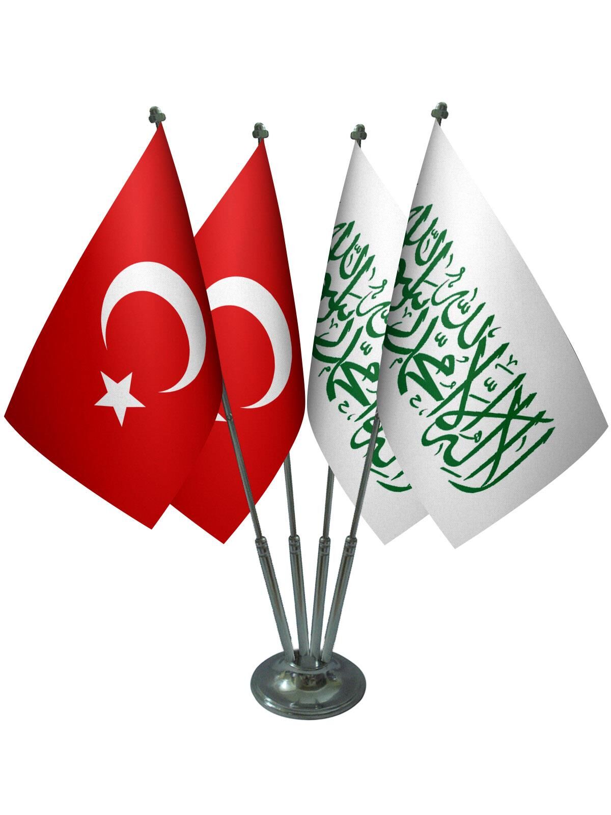 Masa Üstü Beyaz Kelimei Tevhid Sancağı Türk Bayrağı Dörtlü Krom Direk Masa Bayrak Seti