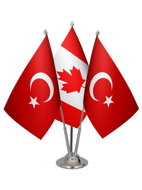 Masa Üstü Kanada Bayrağı Türk Bayrağı Üçlü Krom Direk Masa Bayrak Seti