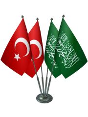 Masa Üstü Yeşil Kelimei Tevhid Sancağı Türk Bayrağı Dörtlü Krom Direk Masa Bayrak Seti