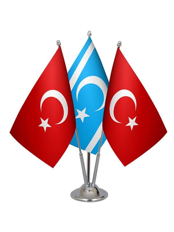 Masa Üstü Kerkük Türkmeneli Bayrağı Türk Bayrağı Üçlü Krom Direk Masa Bayrak Seti