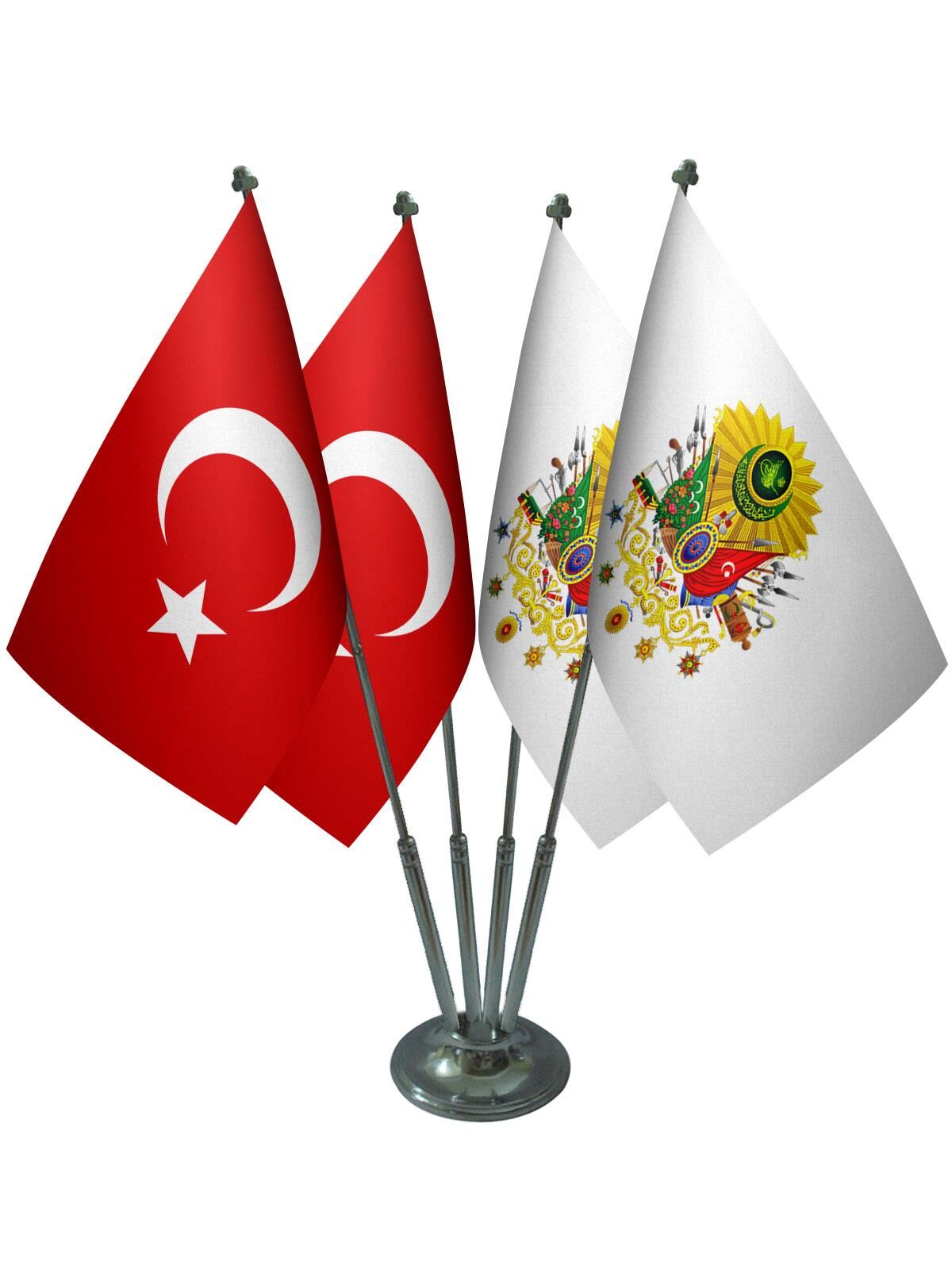 Masa Üstü Osmanlı Arması Bayrağı Türk Bayrağı Dörtlü Krom Direk Masa Bayrak Seti