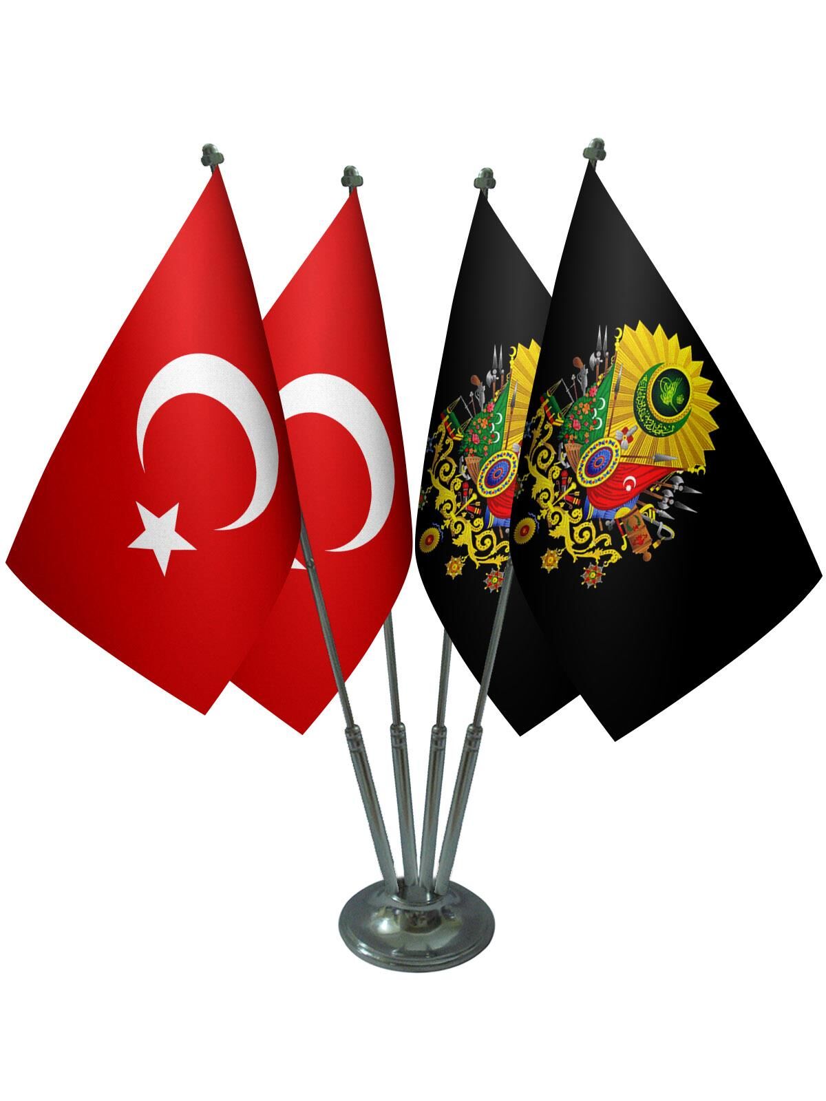 Masa Üstü Siyah Osmanlı Arması Bayrağı Türk Bayrağı Dörtlü Krom Direk Masa Bayrak Seti