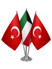 Masa Üstü Kuveyt Bayrağı Türk Bayrağı Üçlü Krom Direk Masa Bayrak Seti