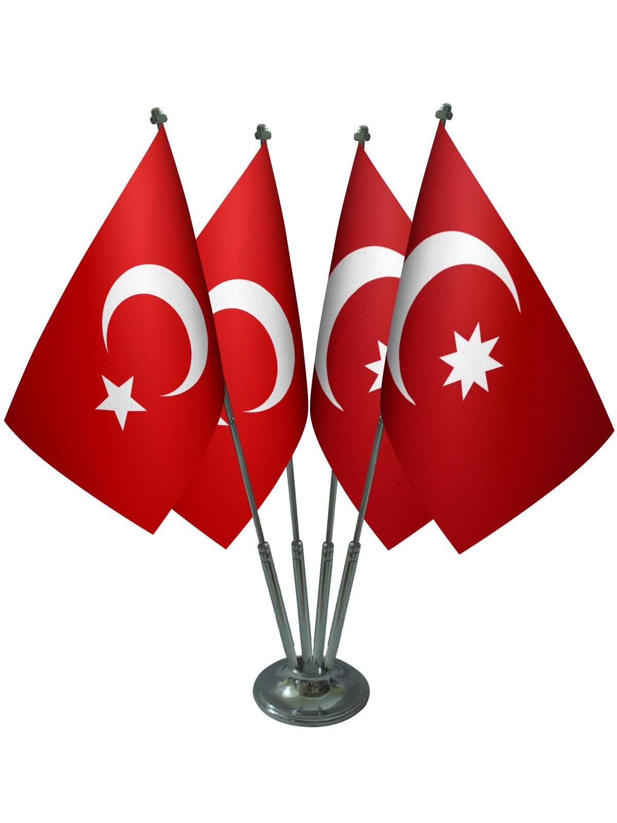 Masa Üstü Osmanlı Devleti Bayrağı Türk Bayrağı Dörtlü Krom Direk Masa Bayrak Seti