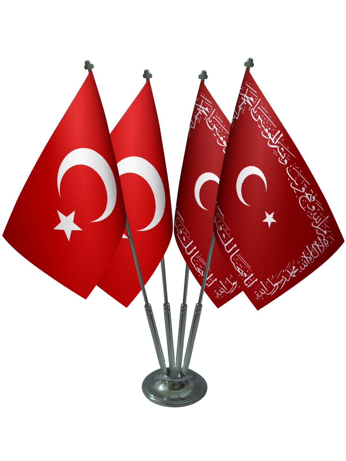 Masa Üstü Ayetli Osmanlı Devleti Sancağı Türk Bayrağı Dörtlü Krom Direk Masa Bayrak Seti