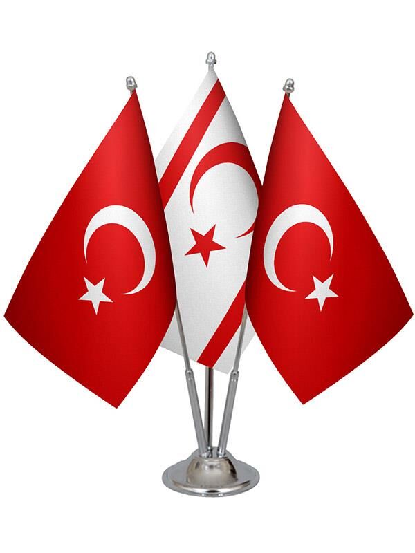 Masa Üstü KKTC Bayrağı Türk Bayrağı Üçlü Krom Direk Masa Bayrak Seti