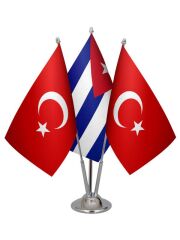 Masa Üstü Küba Bayrağı Türk Bayrağı Üçlü Krom Direk Masa Bayrak Seti