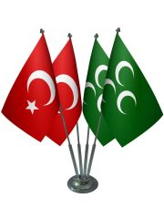Masa Üstü Yeşil Üç Hilal Sancağı Türk Bayrağı Dörtlü Krom Direk Masa Bayrak Seti