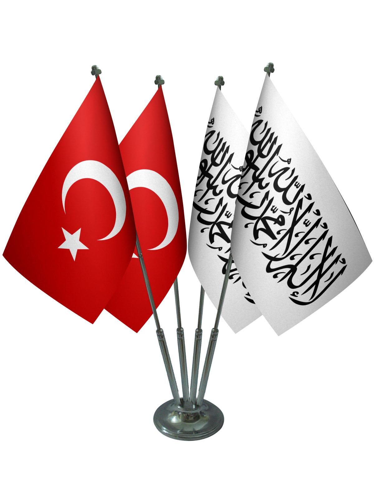Masa Üstü Afganistan Bayrağı Türk Bayrağı Dörtlü Krom Direk Masa Bayrak Seti