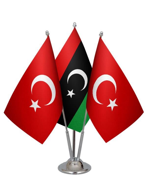 Masa Üstü Libya Bayrağı Türk Bayrağı Üçlü Krom Direk Masa Bayrak Seti