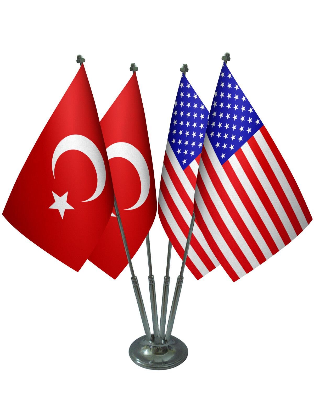 Masa Üstü ABD Amerika Bayrağı Türk Bayrağı Dörtlü Krom Direk Masa Bayrak Seti
