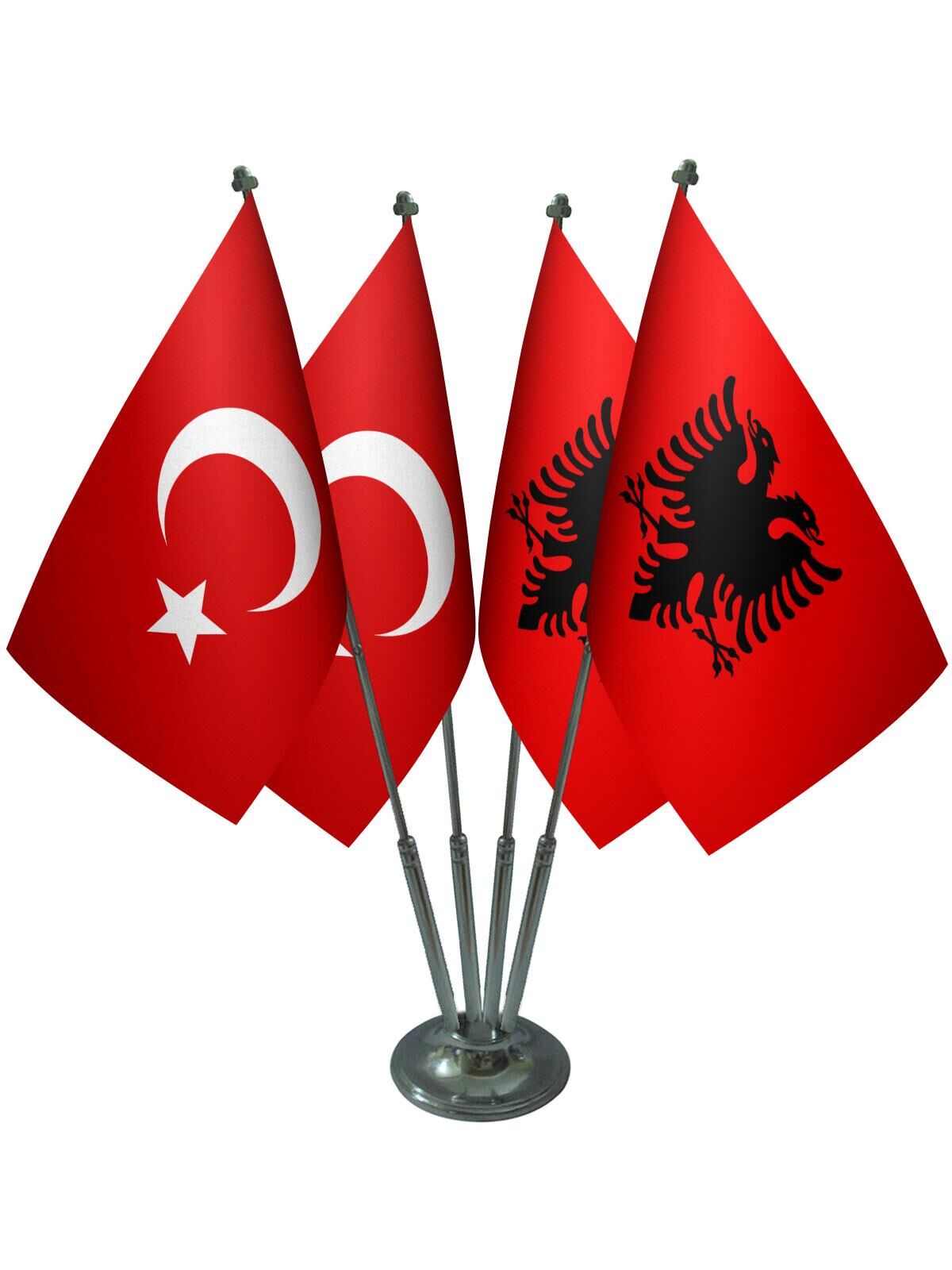 Masa Üstü Arnavutluk Bayrağı Türk Bayrağı Dörtlü Krom Direk Masa Bayrak Seti