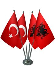 Masa Üstü Arnavutluk Bayrağı Türk Bayrağı Dörtlü Krom Direk Masa Bayrak Seti
