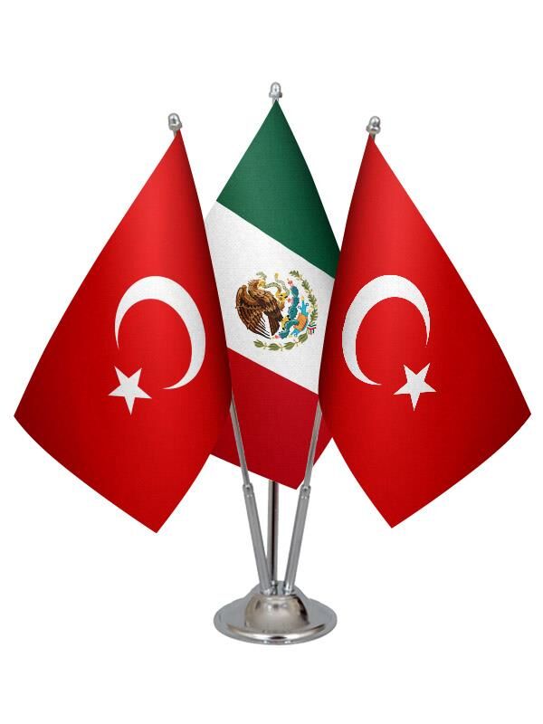 Masa Üstü Meksika Bayrağı Türk Bayrağı Üçlü Krom Direk Masa Bayrak Seti