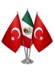 Masa Üstü Meksika Bayrağı Türk Bayrağı Üçlü Krom Direk Masa Bayrak Seti