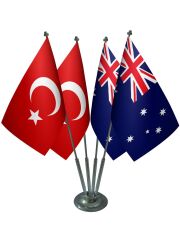 Masa Üstü Avustralya Bayrağı Türk Bayrağı Dörtlü Krom Direk Masa Bayrak Seti
