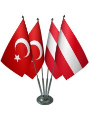 Masa Üstü Avusturya Bayrağı Türk Bayrağı Dörtlü Krom Direk Masa Bayrak Seti