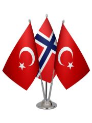 Masa Üstü Norveç Bayrağı Türk Bayrağı Üçlü Krom Direk Masa Bayrak Seti