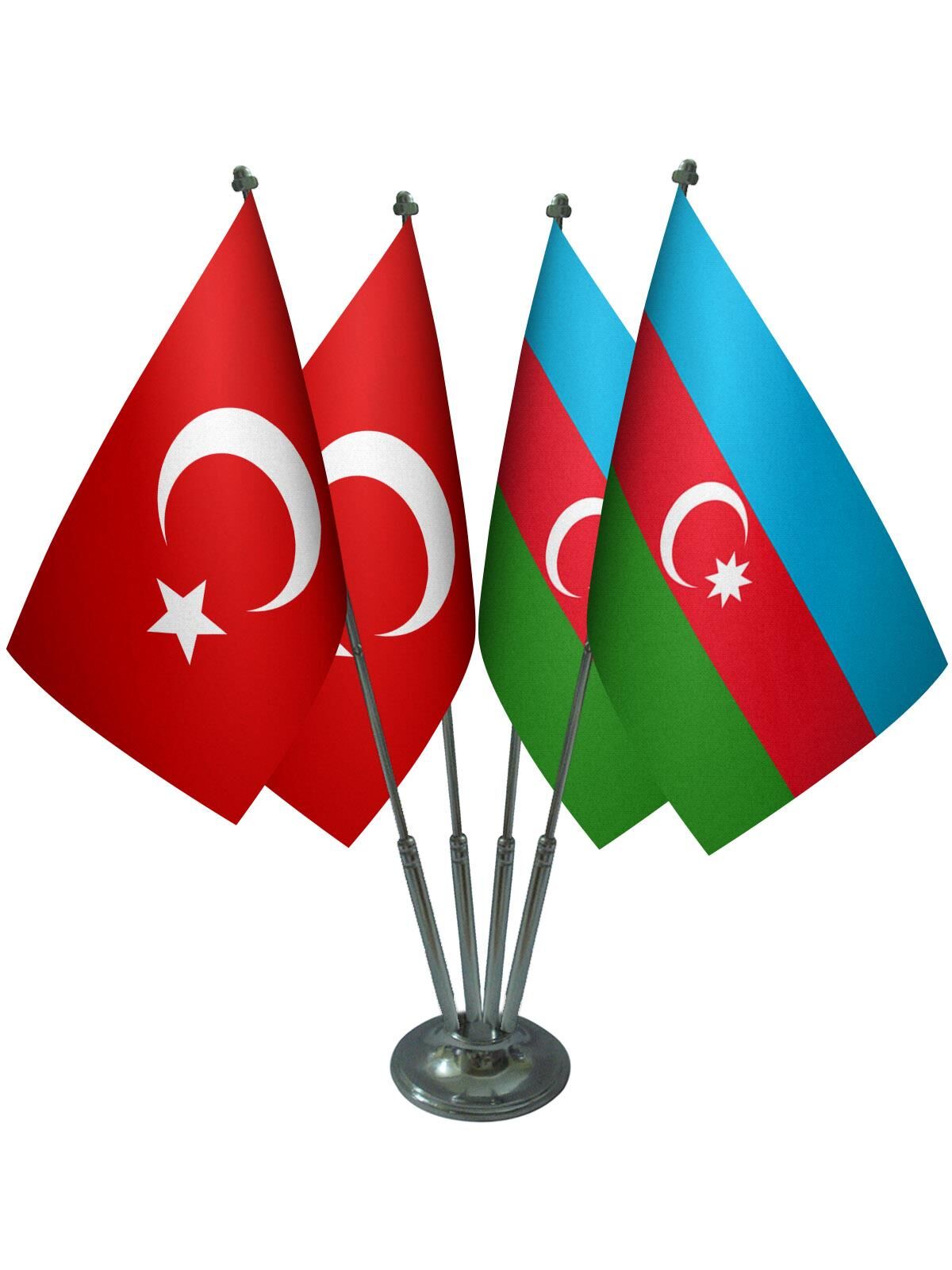 Masa Üstü Azerbaycan Bayrağı Türk Bayrağı Dörtlü Krom Direk Masa Bayrak Seti