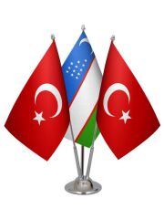 Masa Üstü Özbekistan Bayrağı Türk Bayrağı Üçlü Krom Direk Masa Bayrak Seti