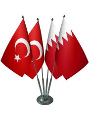 Masa Üstü Bahreyn Bayrağı Türk Bayrağı Dörtlü Krom Direk Masa Bayrak Seti