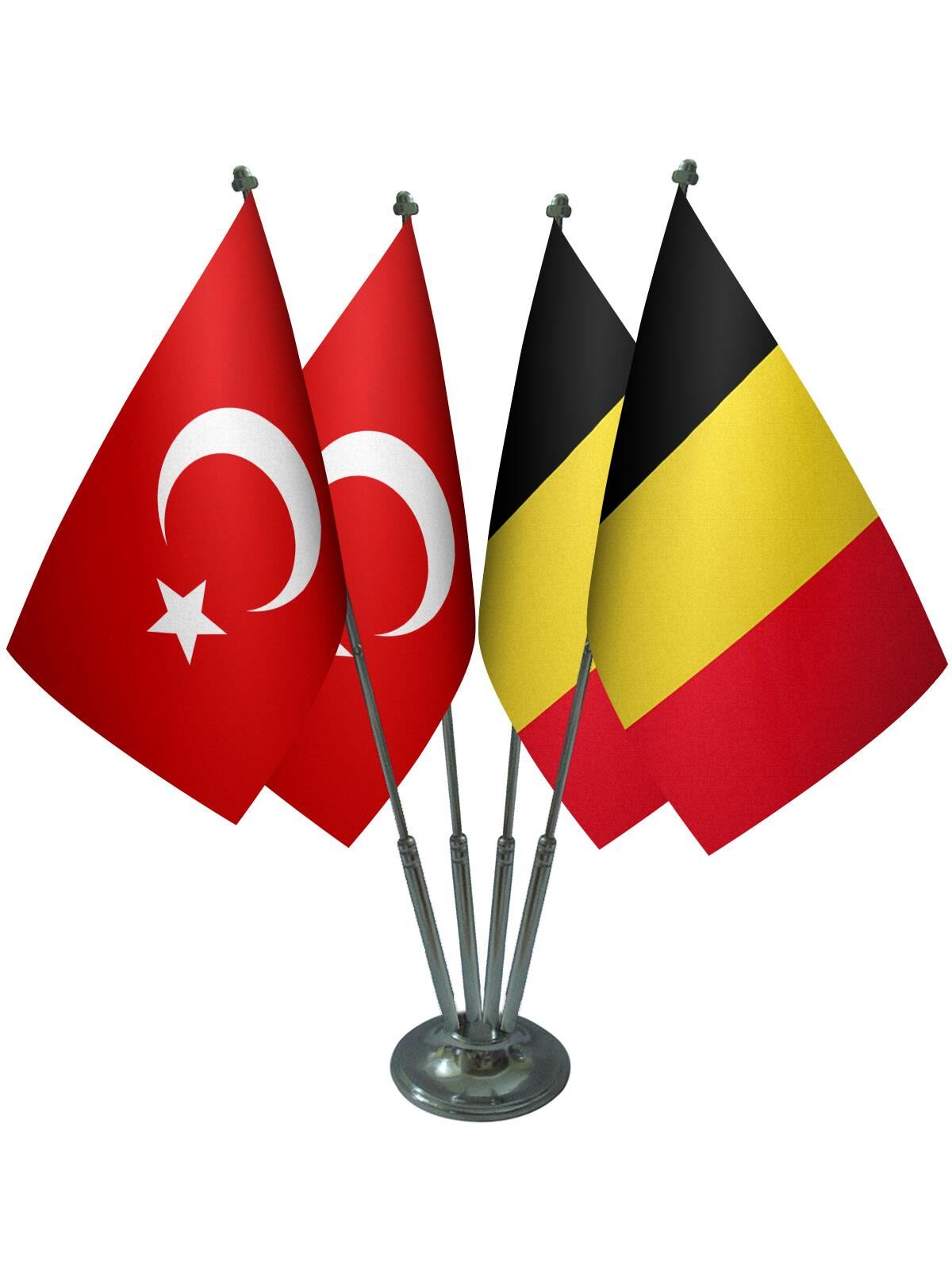 Masa Üstü Belçika Bayrağı Türk Bayrağı Dörtlü Krom Direk Masa Bayrak Seti