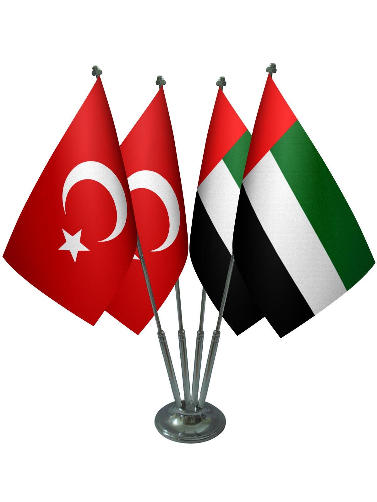 Masa Üstü Birleşik Arap Emirlikleri Bayrağı Türk Bayrağı Dörtlü Krom Direk Masa Bayrak Seti