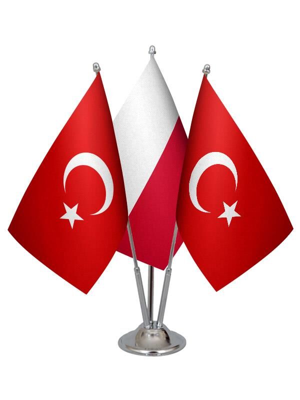 Masa Üstü Polonya Bayrağı Türk Bayrağı Üçlü Krom Direk Masa Bayrak Seti