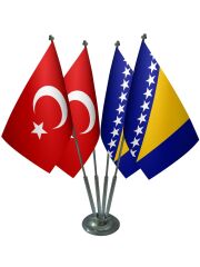 Masa Üstü Bosna Hersek Bayrağı Türk Bayrağı Dörtlü Krom Direk Masa Bayrak Seti