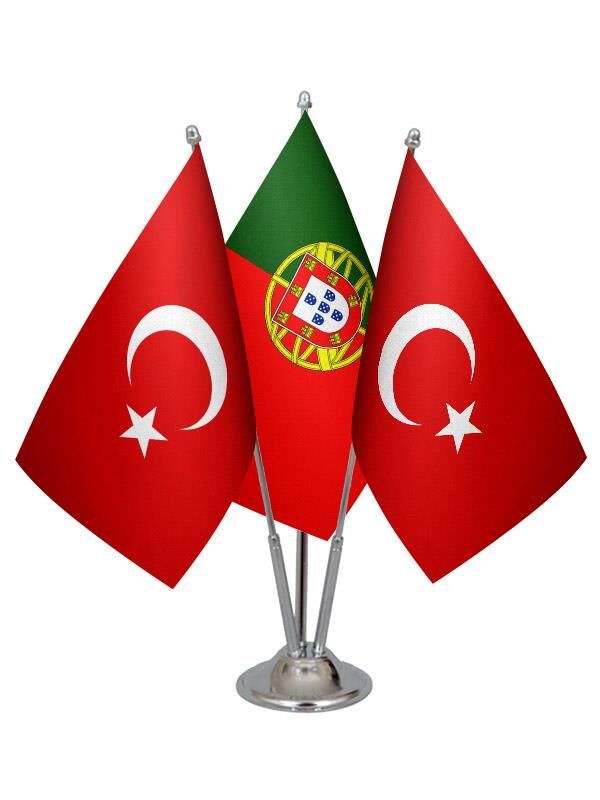 Masa Üstü Portekiz Bayrağı Türk Bayrağı Üçlü Krom Direk Masa Bayrak Seti