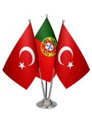 Masa Üstü Portekiz Bayrağı Türk Bayrağı Üçlü Krom Direk Masa Bayrak Seti