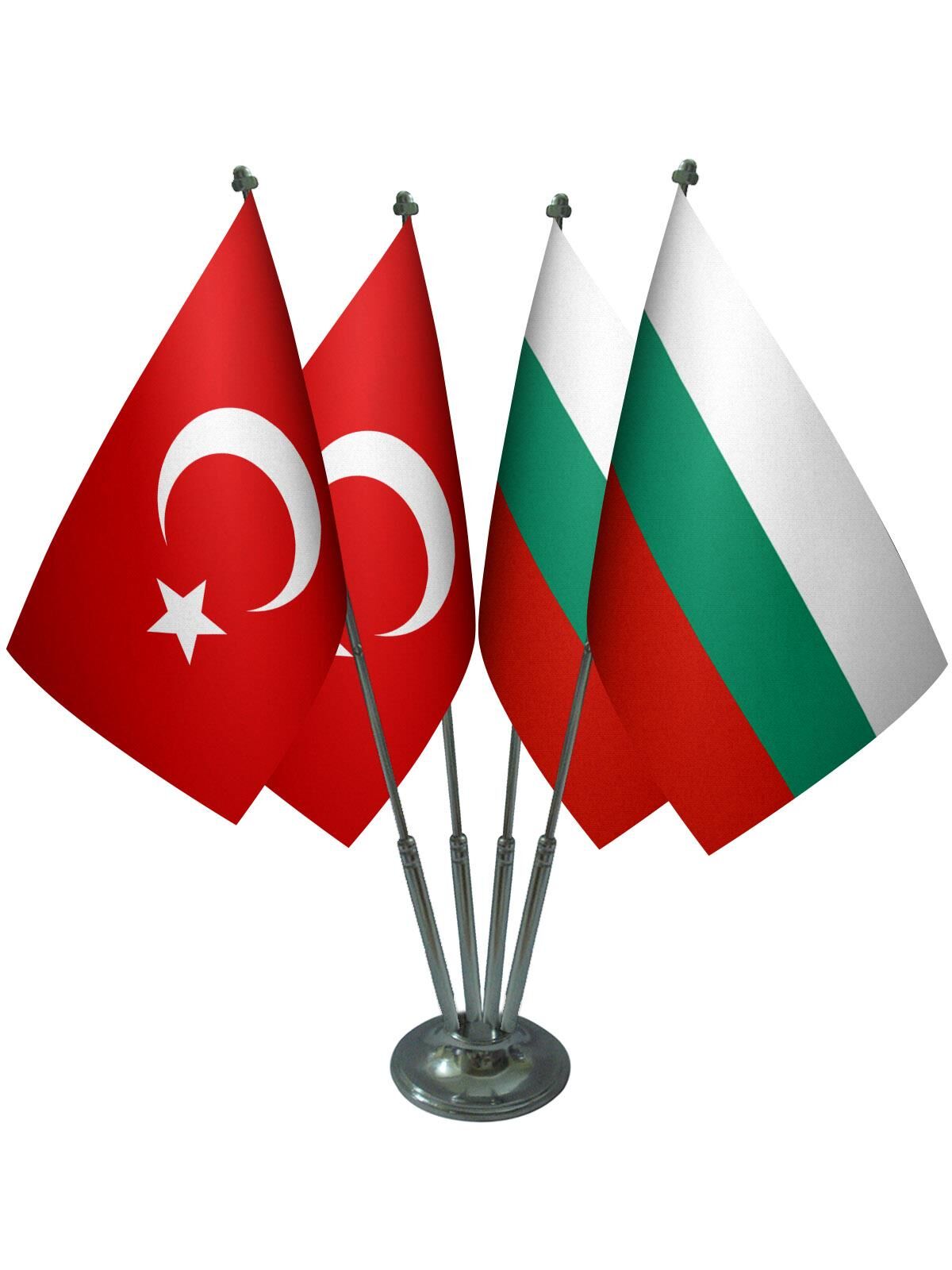 Masa Üstü Bulgaristan Bayrağı Türk Bayrağı Dörtlü Krom Direk Masa Bayrak Seti