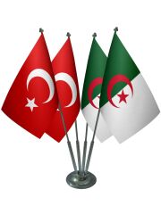 Masa Üstü Cezayir Bayrağı Türk Bayrağı Dörtlü Krom Direk Masa Bayrak Seti